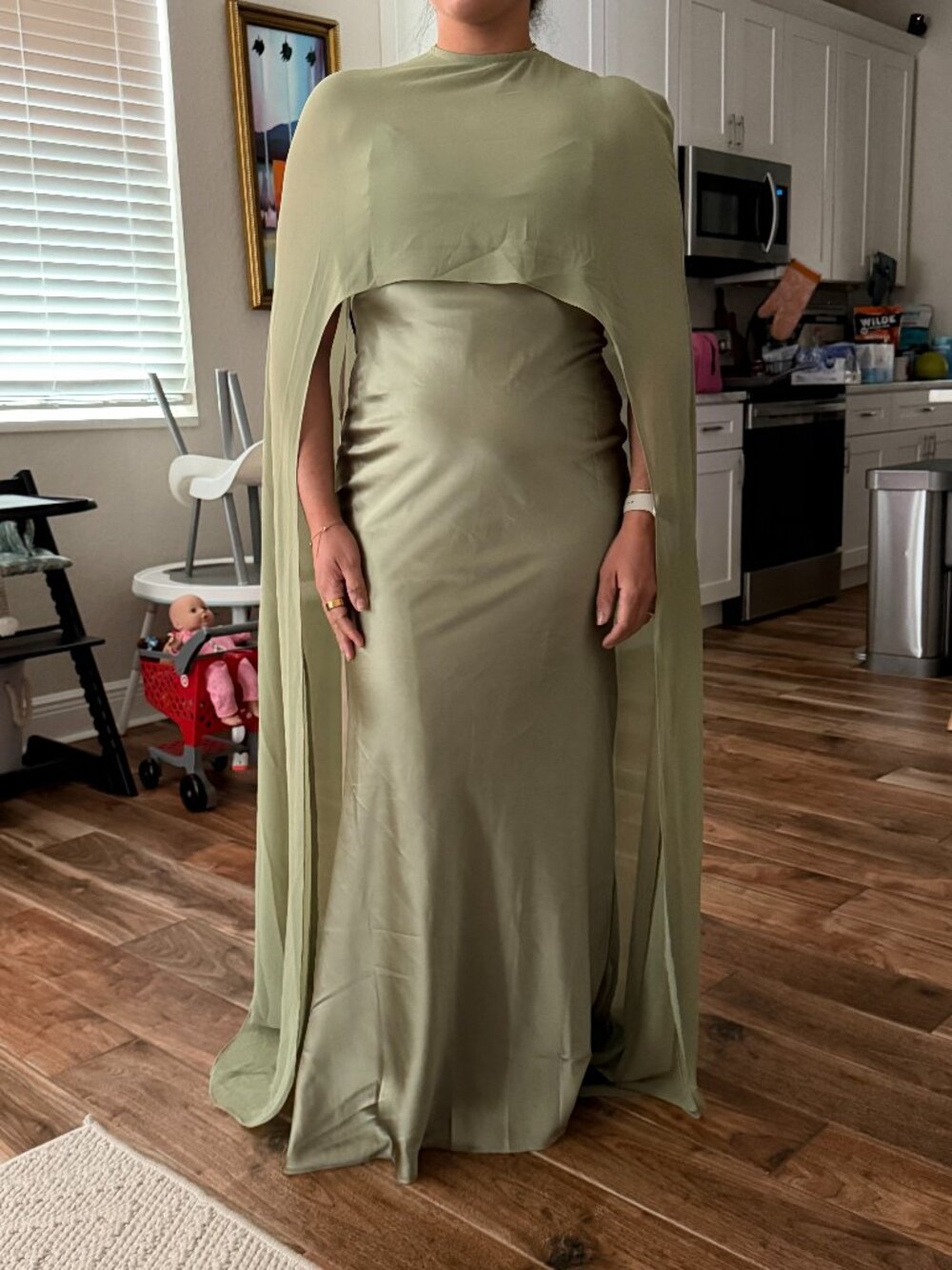 Lulus Cavana Sage Green Satin Cape Maxi Dress